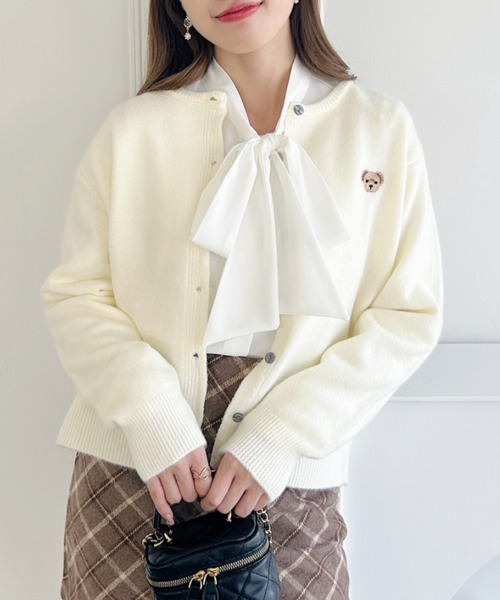 Loueme カーディガン ワンポイントくま刺繍カーディガン レディース