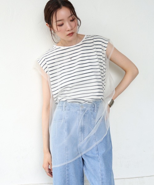BAB（バブ） tシャツ チュールボーダーノースリーブトップス