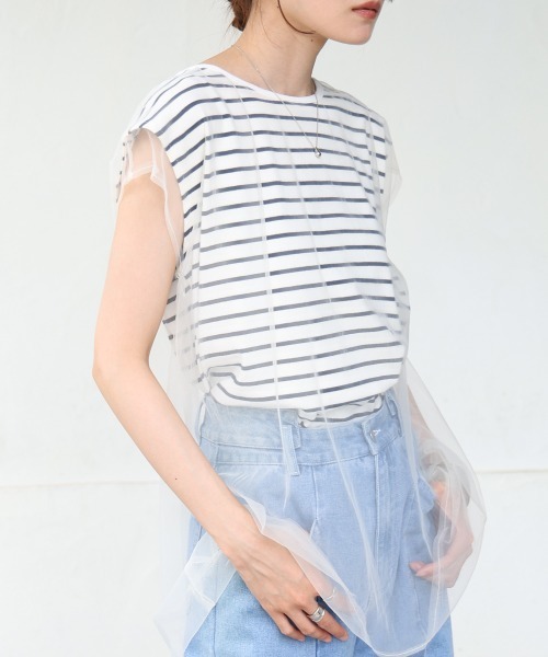 BAB（バブ） tシャツ チュールボーダーノースリーブトップス