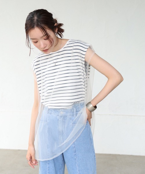 BAB（バブ） tシャツ チュールボーダーノースリーブトップス