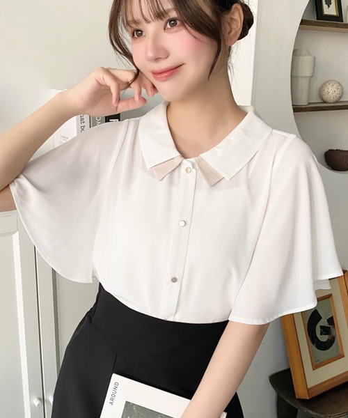 薄手のシフォンジョーゼット素材 ふんわりフレアスリーブ 半袖シフォンブラウス シャツブラウス フリルブラウス Vネック フリル袖 きれいめ フェミニン 可愛い ふんわりフレアスリーブ 半袖シフォンブラウス シャツブラウス