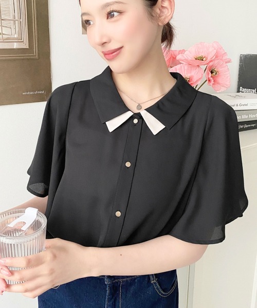 moment+ ブラウス シャツ シフォンジョーゼットフレアスリーブ配色