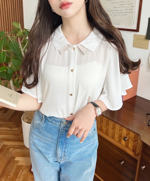 moment+ ブラウス シャツ シフォンジョーゼットフレアスリーブ配色