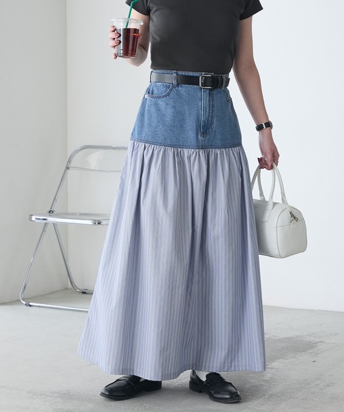 BONLECILL（ボンルシール） デニムスカート ストライプドッキング
