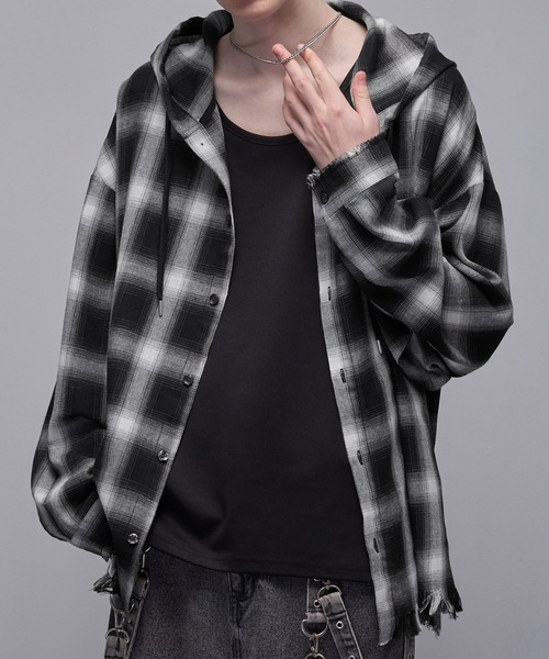 ブラウス シャツ ダメージフードチェックシャツ レディース メンズ Loose シャツ ダメージチェックフードシャツ メンズ レディース