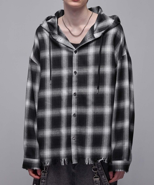人気定番 Loose レディース メンズ ダメージチェックフードシャツ シャツ トップス