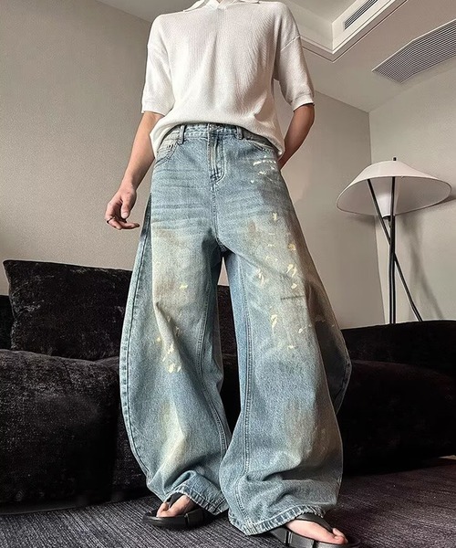 DEVICE ジーンズ ダメージ ワイド ストレート デニム パンツ