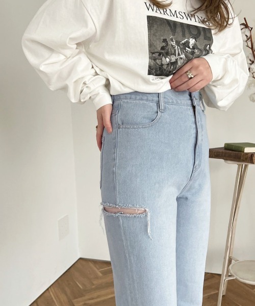 [apres jour] повреждение обработка Denim брюки MEDIUM темно-голубой женский 