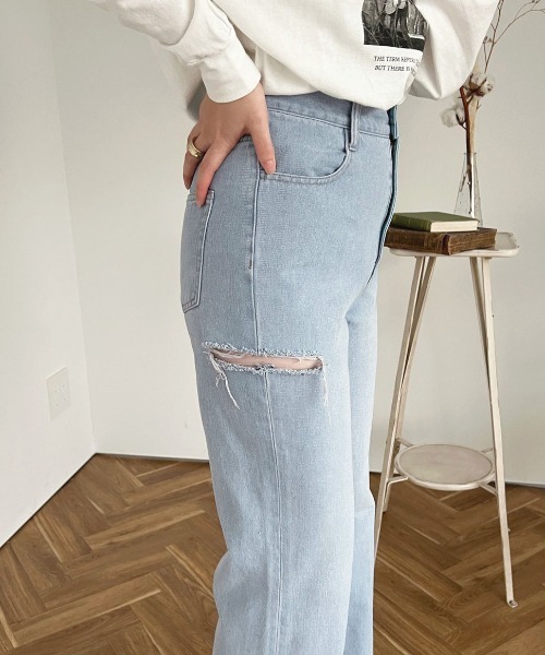 [apres jour] повреждение обработка Denim брюки MEDIUM темно-голубой женский 