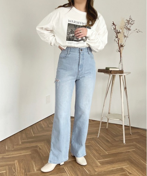 [apres jour] повреждение обработка Denim брюки MEDIUM темно-голубой женский 