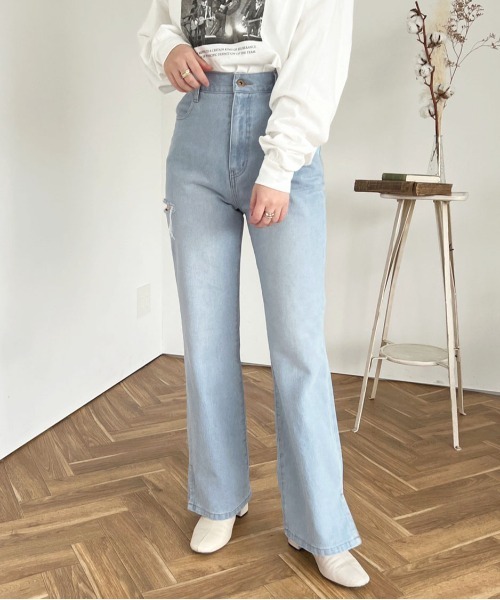 [apres jour] повреждение обработка Denim брюки MEDIUM темно-голубой женский 