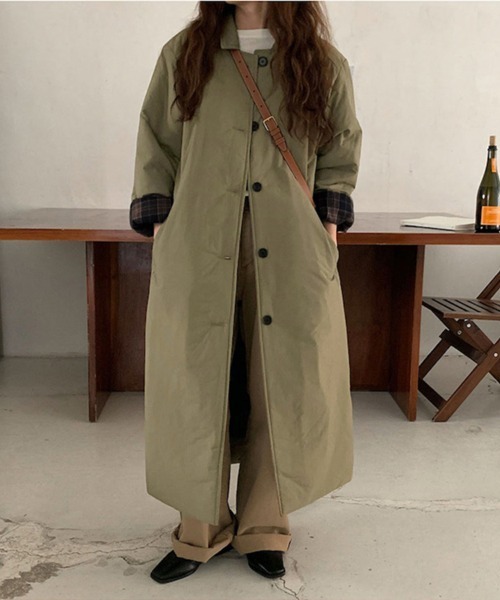 トレンチコート コート チェック柄裏地付きロングトレンチコート