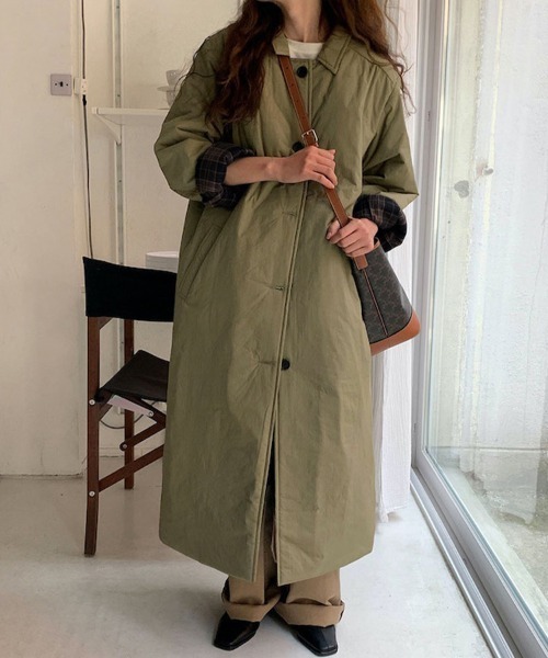 トレンチコート コート チェック柄裏地付きロングトレンチコート