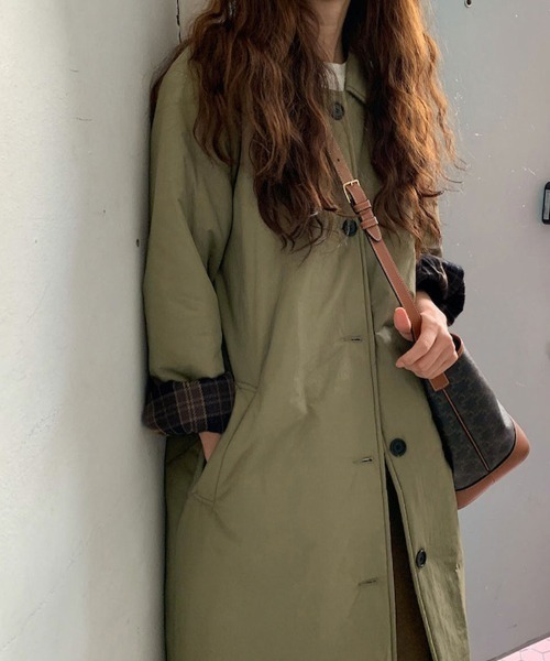 トレンチコート コート チェック柄裏地付きロングトレンチコート