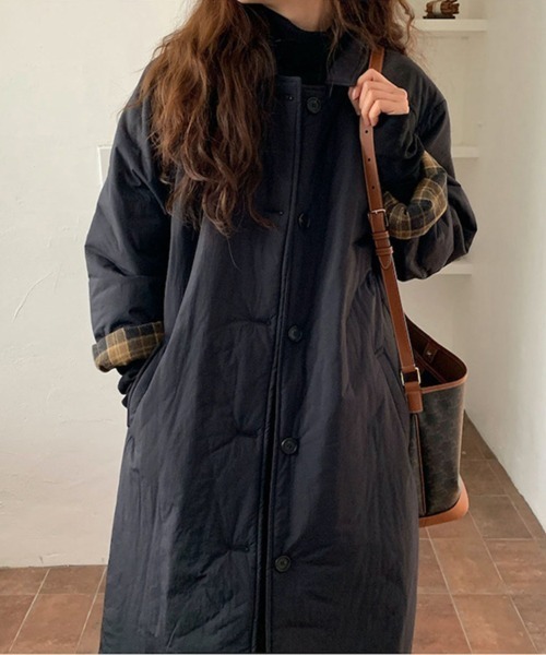 黒のトレンチコート チェック柄裏地 トレンチコート コート チェック柄裏地付きロングトレンチコート