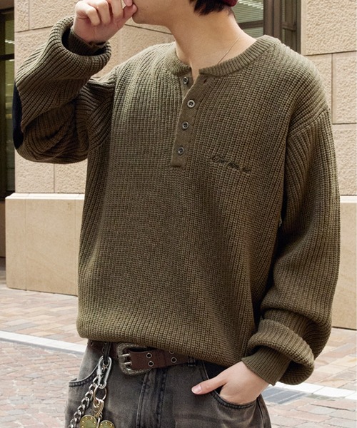 kutir（クティール） セーター ニット HENLEY NECK SUEDE ELBOW PATCH 