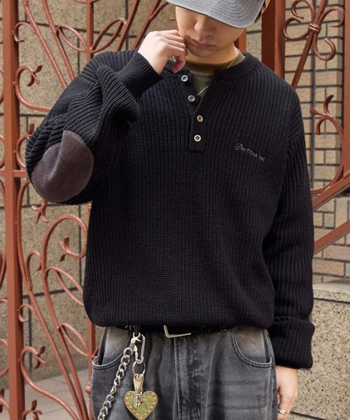 kutir（クティール） セーター ニット HENLEY NECK SUEDE ELBOW PATCH 