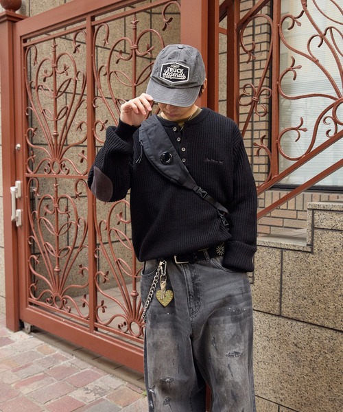 kutir（クティール） セーター ニット HENLEY NECK SUEDE ELBOW PATCH 