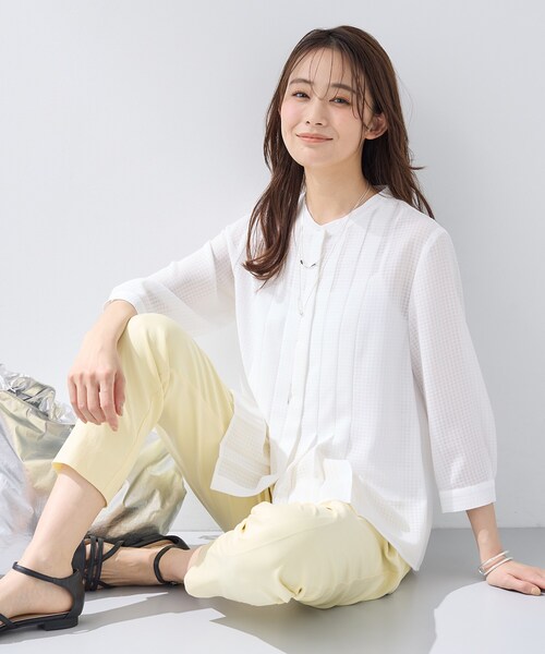 ブラウス シャツ 「洗える／大人シアー」タックプリーツ7分袖ブラウス レディースの画像