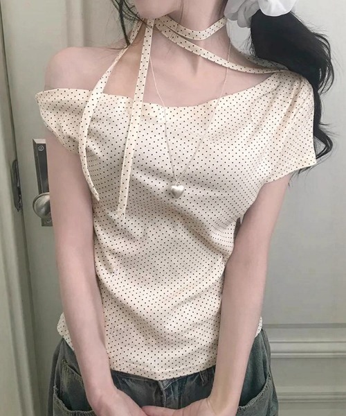 グレー ドット柄 オフショルダーシャツ miniministore（ミニミニストア） tシャツ 半袖 ドット柄tシャツオフ