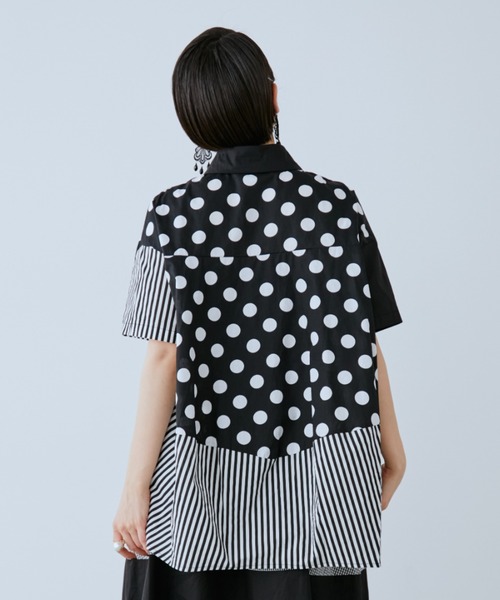 ブラウス シャツ ドット×ストライプ切替シャツ レディースの画像