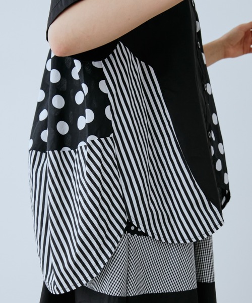 ブラウス シャツ ドット×ストライプ切替シャツ レディースの画像