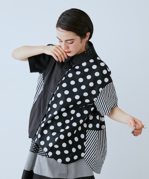 ブラウス シャツ ドット×ストライプ切替シャツ レディースの画像