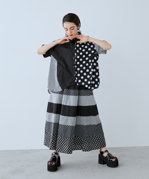 ブラウス シャツ ドット×ストライプ切替シャツ レディースの画像
