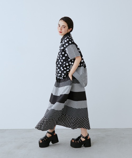 ブラウス シャツ ドット×ストライプ切替シャツ レディースの画像