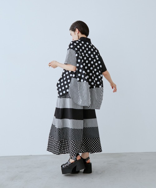 ブラウス シャツ ドット×ストライプ切替シャツ レディースの画像