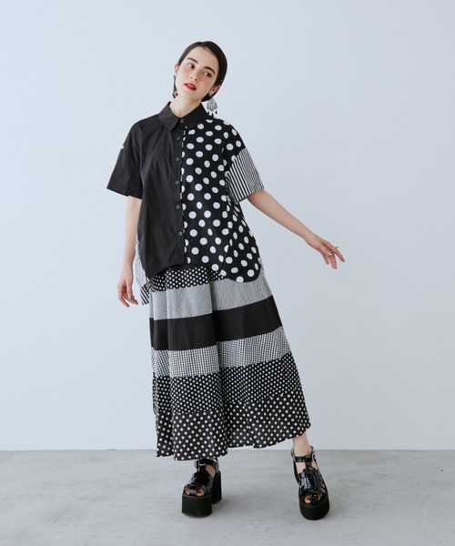 ブラウス シャツ ドット×ストライプ切替シャツ レディースの画像