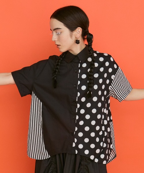シースルー 半袖 シャツ ブラック ドット ストライプ Dot&Stripes 