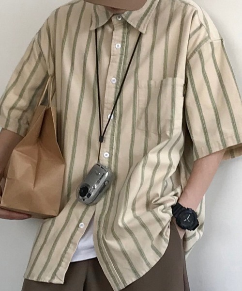 KELVIN シャツ 半袖 Natural Stripe Shirt ナチュラルストライプシャツ