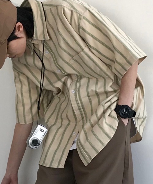 KELVIN シャツ 半袖 Natural Stripe Shirt ナチュラルストライプシャツ