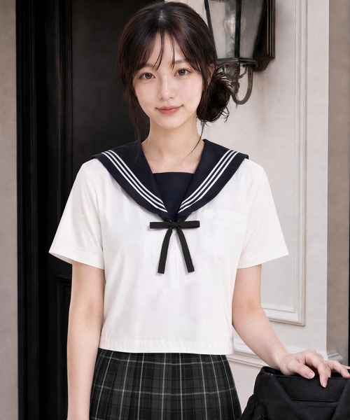 博多女子 セーラー服 半袖 トップス ホワイト レッドライン ブラウス シャツ 夏 半袖 セーラー服 半袖トップス 単品 レディース