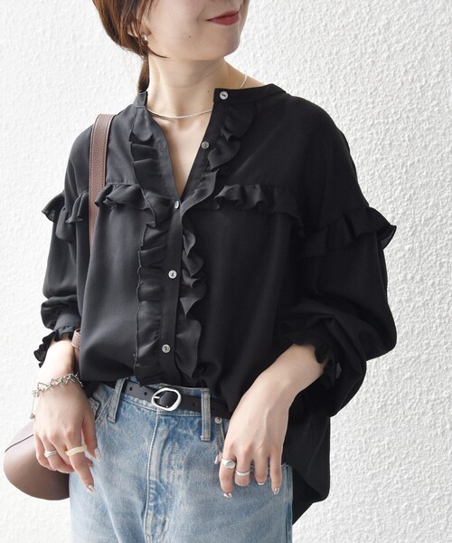 美品✨SHIPS any シアー フリル バンドカラー シャツ ブラウス　紺 SHIPS any ブラウス シャツ any:「洗濯機可能」シアー フリル バンド