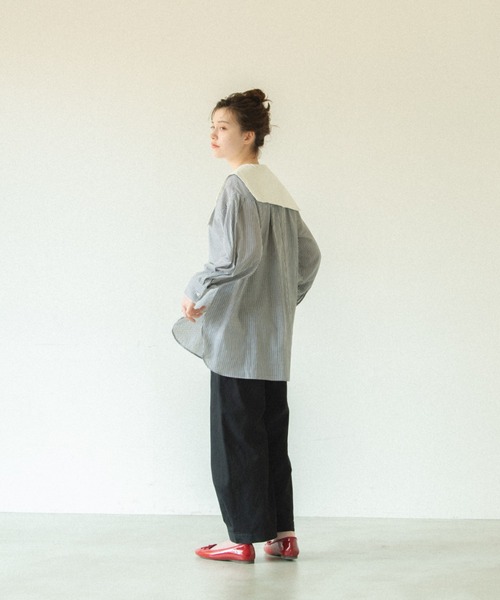 シャツ ブラウス double collar stripe blouse/ダブルカラー