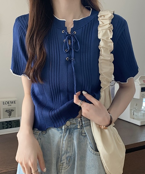 AMELIE RVEUR 売れ筋商品|||アメリー レヴール Tシャツ トップス レディース Tops Pink Girly Doll tシャツ メロウレースアップトップス レディース