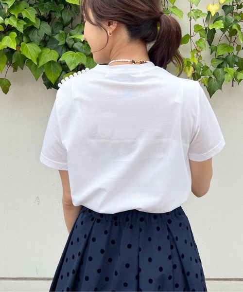 tシャツ 肩パール袖刺繍Tシャツ レディース PICCIN PERLA tシャツ 肩パール袖刺繍Tシャツ レディース