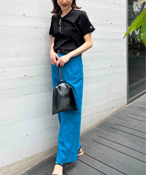 PICCIN PERLA tシャツ 肩パール袖刺繍Tシャツ レディース