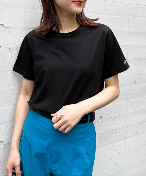 PICCIN PERLA tシャツ 肩パール袖刺繍Tシャツ レディース