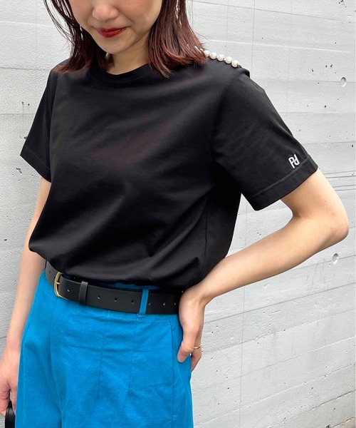 PICCIN PERLA tシャツ 肩パール袖刺繍Tシャツ レディース