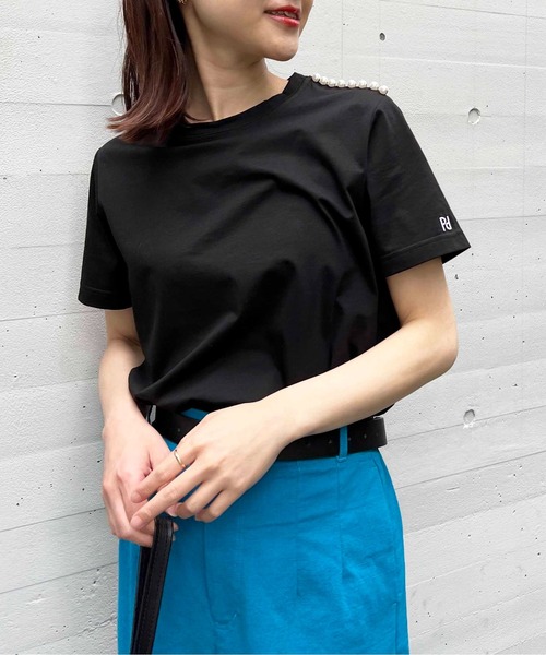 tシャツ 肩パール袖刺繍Tシャツ レディース PICCIN PERLA tシャツ 肩パール袖刺繍Tシャツ レディース