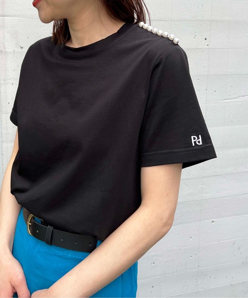 PICCIN PERLA tシャツ 肩パール袖刺繍Tシャツ レディース