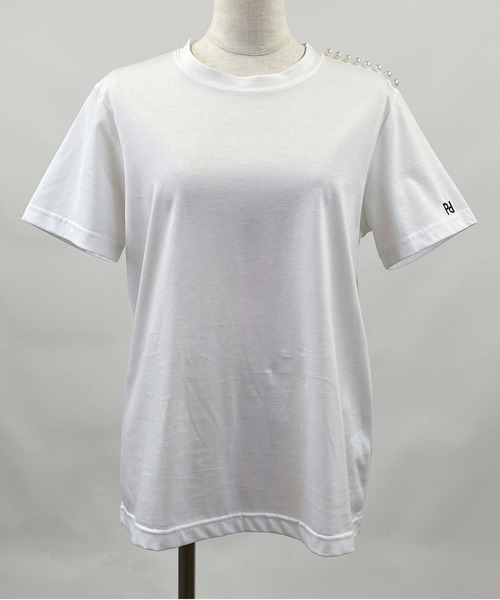 PICCIN PERLA tシャツ 肩パール袖刺繍Tシャツ レディース