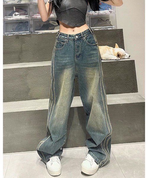 デニムパンツ 韓国 レトロ ステッチカラー デニムパンツ CANVAS+ ジーンズ デニム デニムパンツ 「CANVAS+」配色ライン