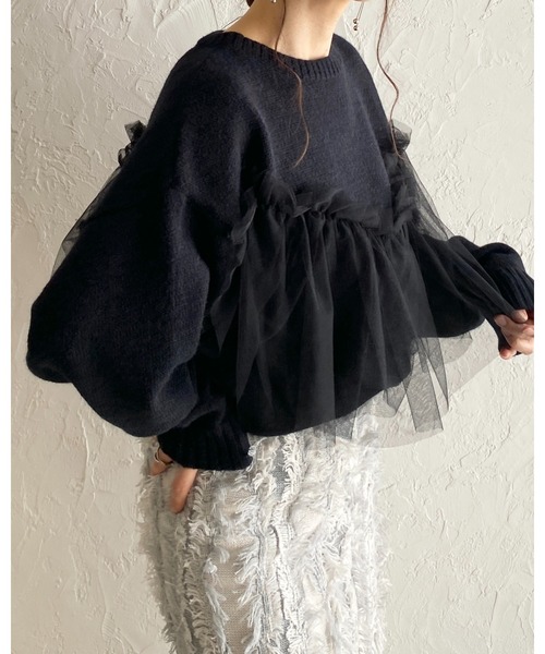 OHGA SHEER KNIT フリル襟ニットセーター 長袖　ブラック ur's（ユアーズ） ニット セーター アルパカチュール肩フリルニット