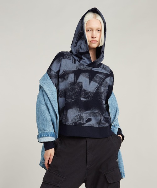 G-Star RAW パーカー XS ブラック/ブルー G-STAR RAW パーカー SPRAYED LETTERS LOOSE HOODED SWEATER