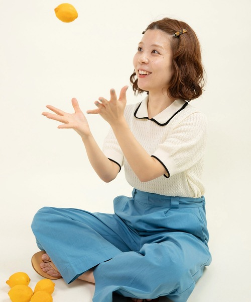 CHILD WOMAN ニット セーター coolcottonケーブル編み 丸襟半袖