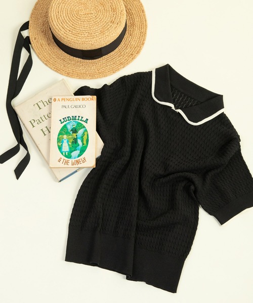 美品　人気完売品　CHILD WOMAN 半袖プルオーバー•ニット•セーター CHILD WOMAN ニット セーター coolcottonケーブル編み 丸襟半袖